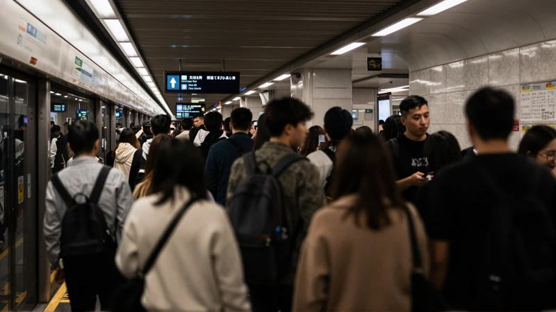 Multitud en metro, ambiente nocturno y realista