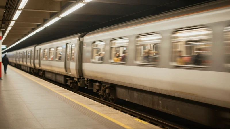 Tren en andén, iluminación cálida y realista