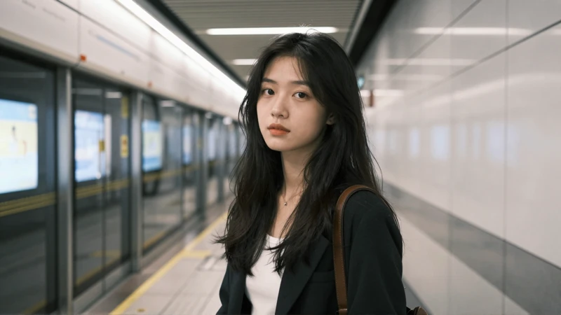 Joven en andén, luz natural suave