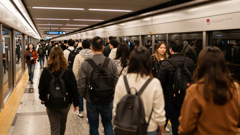 Pasajeros en andén, luz cálida, movimiento borroso