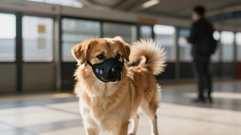 Perro en el metro, luz cálida, borroso