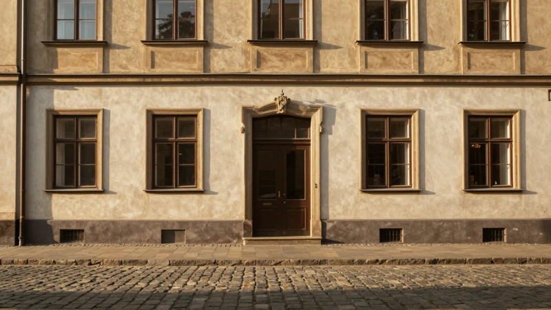Fachada antigua, luz dorada, fotografía simétrica