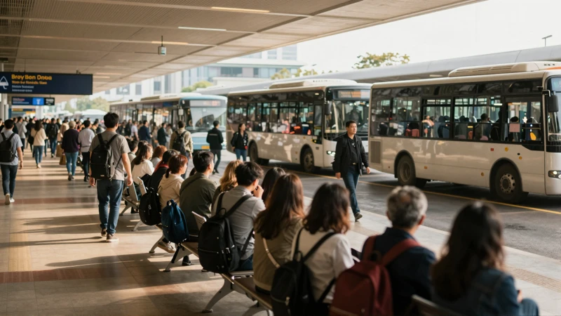 Terminal llena de gente a la luz cálida