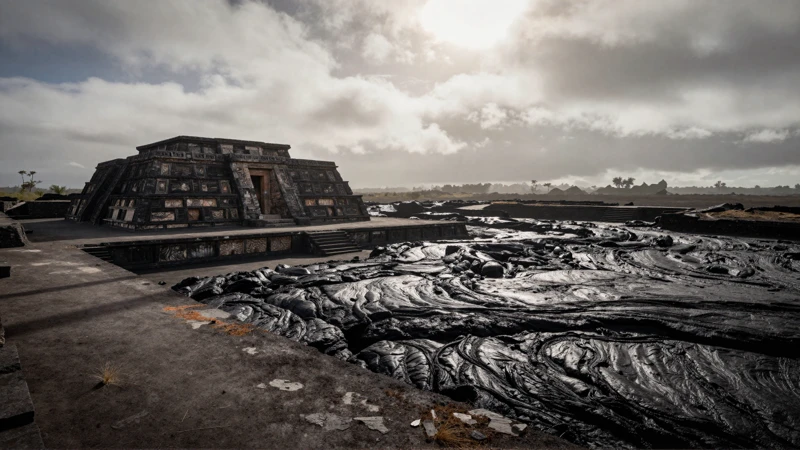 Ruinas ancestrales bajo luz dramática