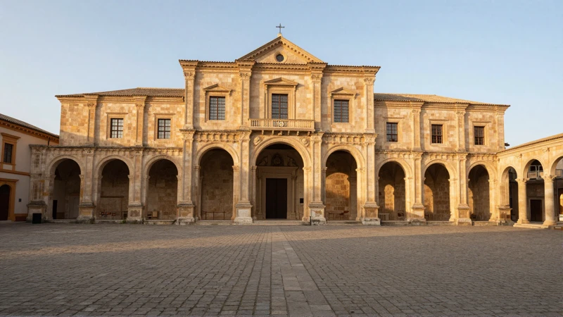 Convento antiguo, patio empedrado, luz cálida