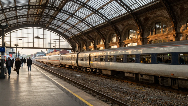 Estación histórica, luz dorada, fotografía arquitectónica