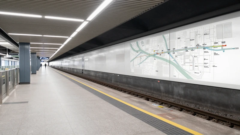 Plataforma de metro, mapa estilizado, luz suave