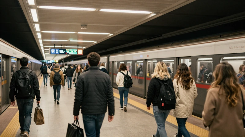 Andén concurrido, luz cálida, documental