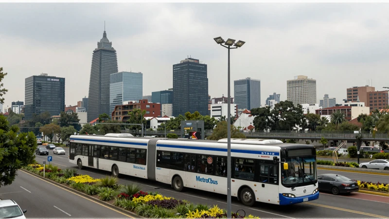 Ciudad de México, metrobús bajo cielo nublado