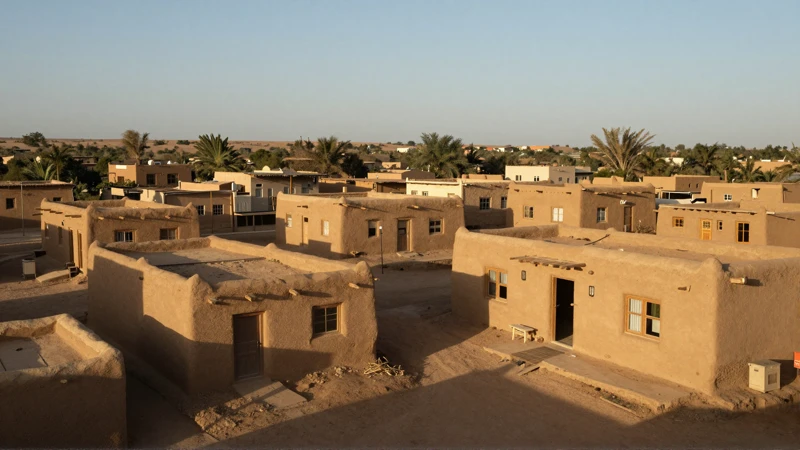 Paisaje polvoriento, casas de adobe a la luz
