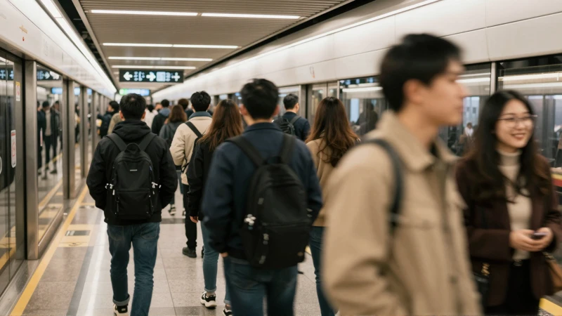 Pasajeros en andén, luz matutina borrosa