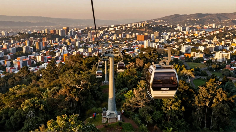 Vistas doradas de la ciudad en teleférico