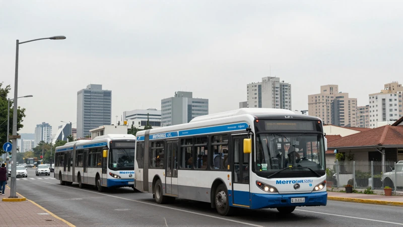 Metrobús en paisaje urbano, día nublado