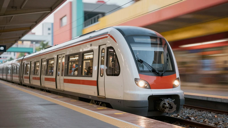 Tren moderno en vibrante arquitectura, vista amplia