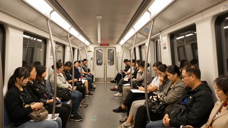 Pasajeros viajan en un tren iluminado cálidamente