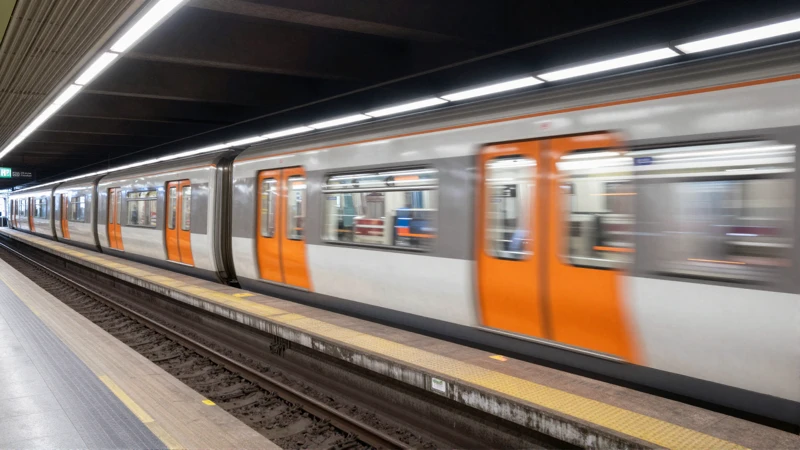 Tren llega a andén, luz urbana vibrante