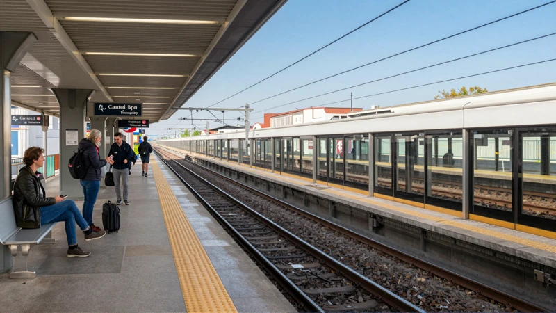 Pasajeros esperan en la estación, amaneciendo