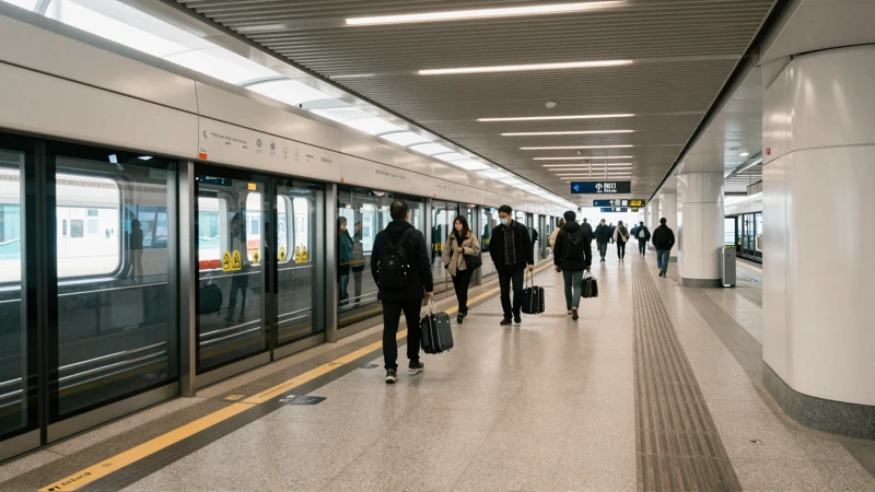 Viajeros esperan en la plataforma iluminada