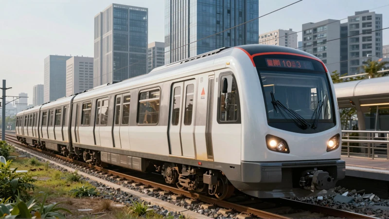 Tren moderno en paisaje urbano vibrante