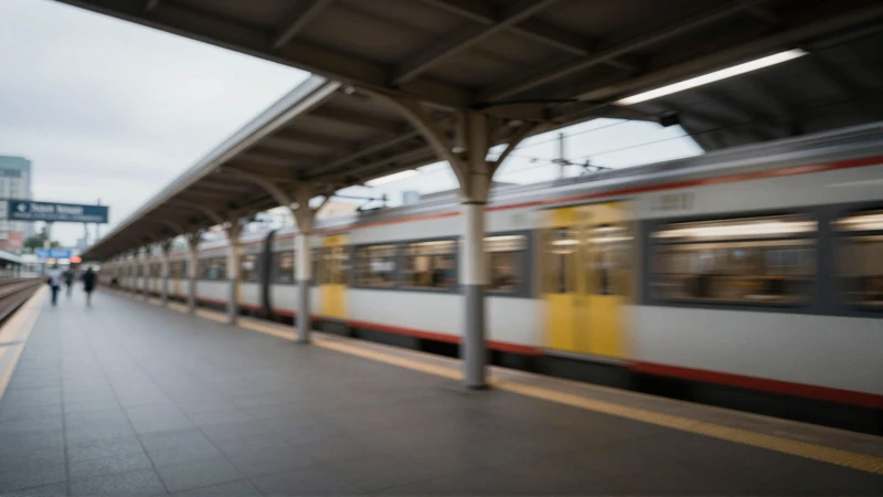 Estación de tren, tren borroso, cielo nublado