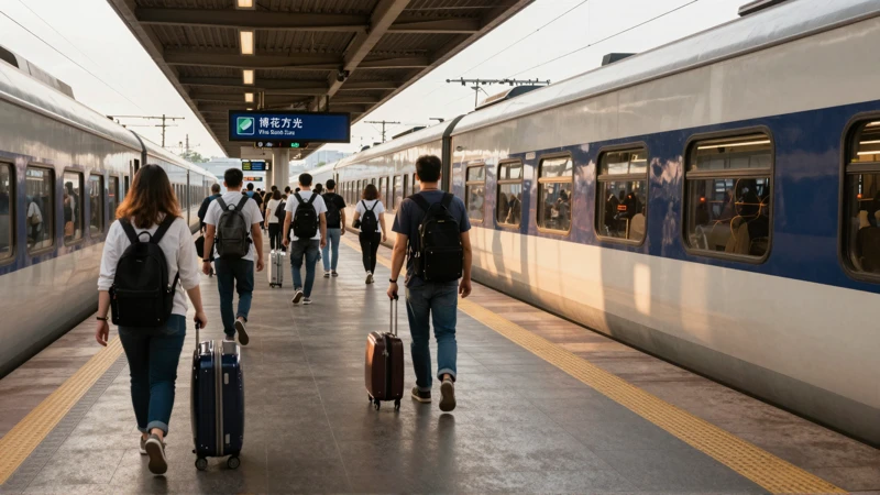 Pasajeros en andén, luz cálida