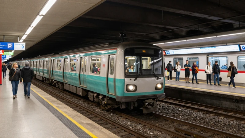 Tren subterráneo en una escena urbana vibrante