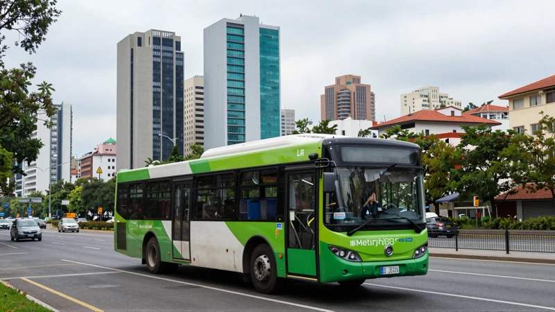 Metrobús en paisaje urbano, colores vivos
