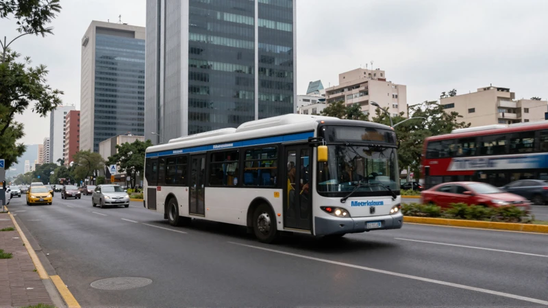 Metrobús en paisaje urbano borroso