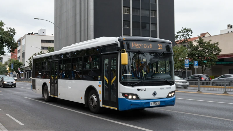 Metrobús en calle urbana, día nublado