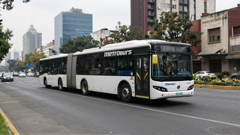 Autobús articulado en paisaje urbano