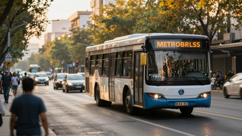 Metrobús al atardecer, colores vibrantes