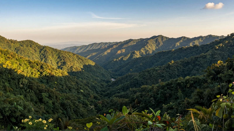 Paisaje montañoso, colores vibrantes y atmosférico