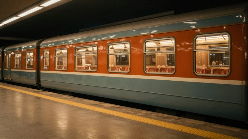 Tren antiguo, andén de azulejos, luz cálida