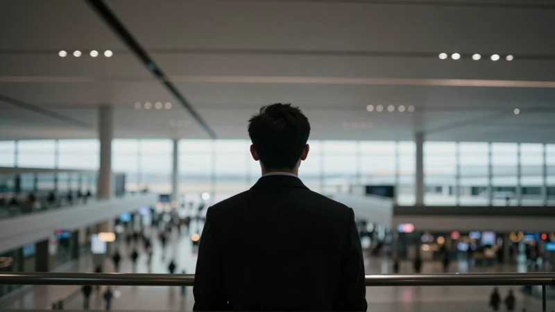 Silueta en terminal, iluminación cinematográfica y moderna