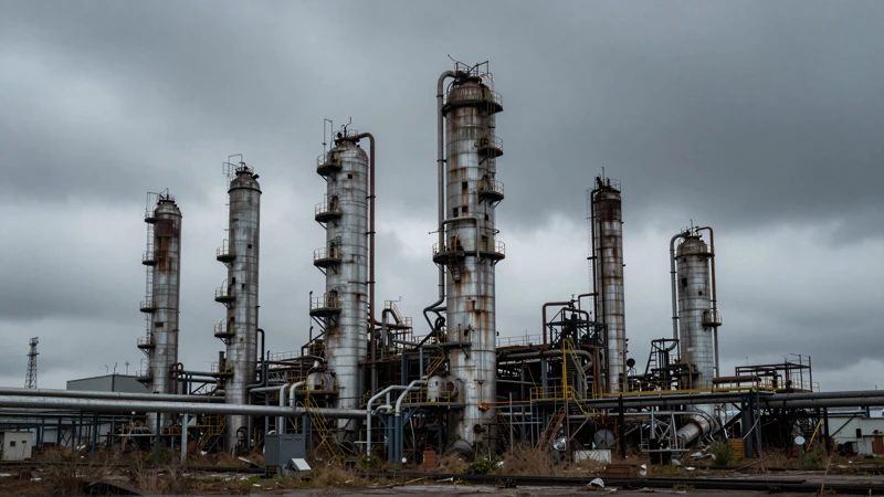 Refinería abandonada bajo cielo opresivo