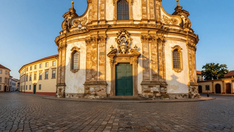 Fachada barroca, calle adoquinada, luz dorada