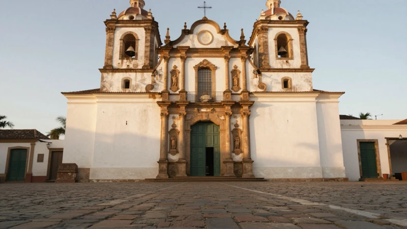 Fachada colonial, plaza empedrada, luz cálida