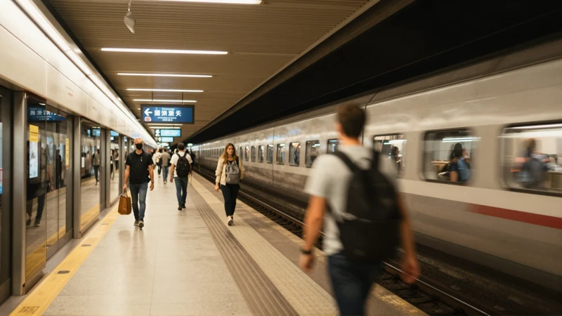 Estación de metro, gente borrosa, colores vibrantes